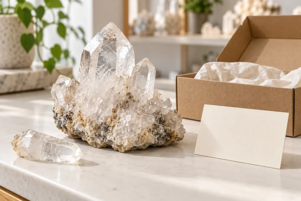 AI illustration: Raw clear quartz cluster beside a blank product information card and protective sample box