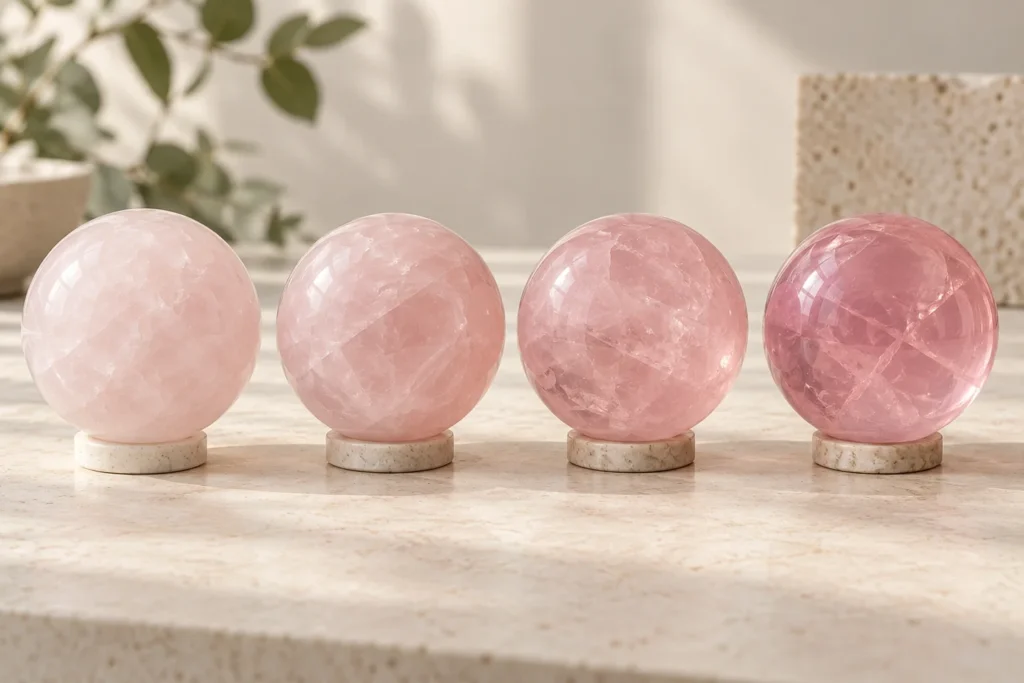 AI illustration: Four rose quartz spheres showing conceptual variation in pink color and translucency