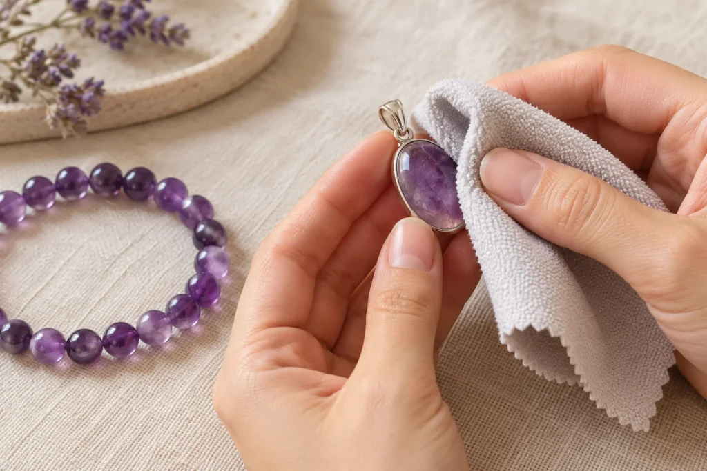 AI illustration: Hands gently wiping an amethyst pendant with a soft cloth