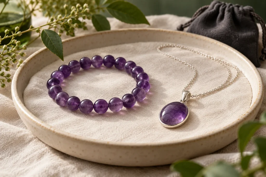 AI illustration: Amethyst beaded bracelet and bezel-set pendant on a linen jewelry tray