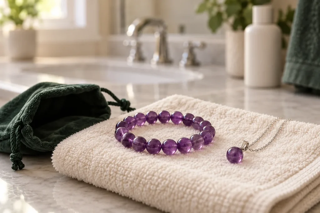 AI illustration: Amethyst bracelet stored in a soft pouch away from a bathroom basin