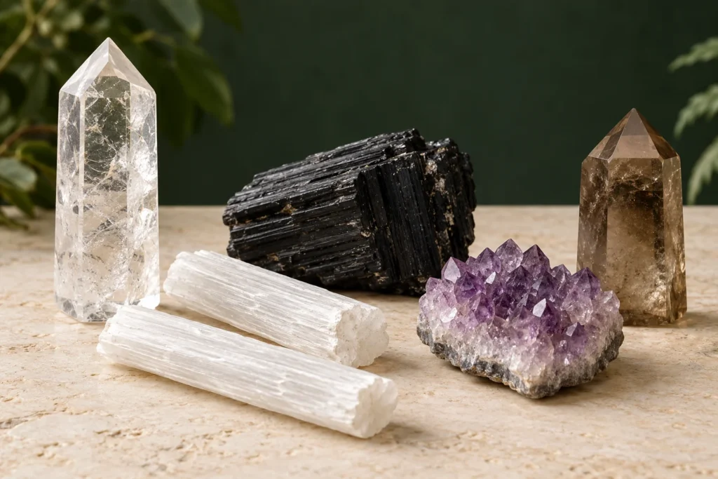 AI illustration: Clear quartz, satin spar gypsum, black tourmaline, amethyst and smoky quartz arranged for retail selection