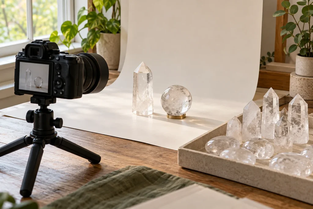 Illustration of a camera photographing clear quartz towers and a sphere beside a batch tray