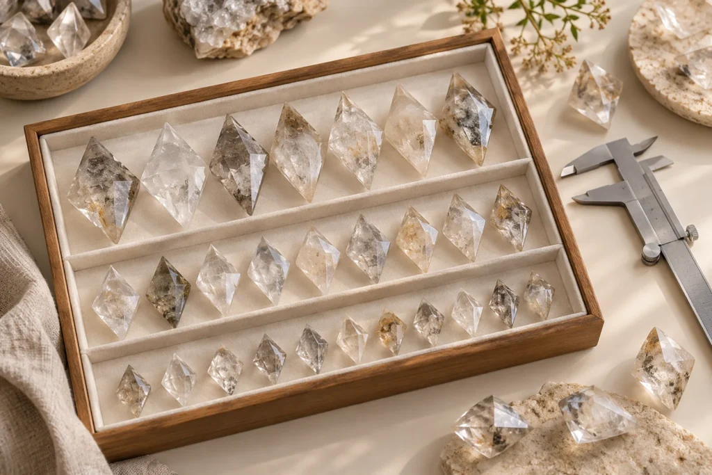 Illustration of a sorted batch of faceted quartz ornaments with different sizes and clarity