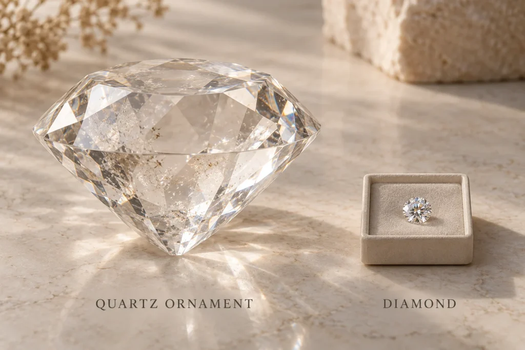 Illustration comparing a large faceted quartz ornament with a small cut diamond