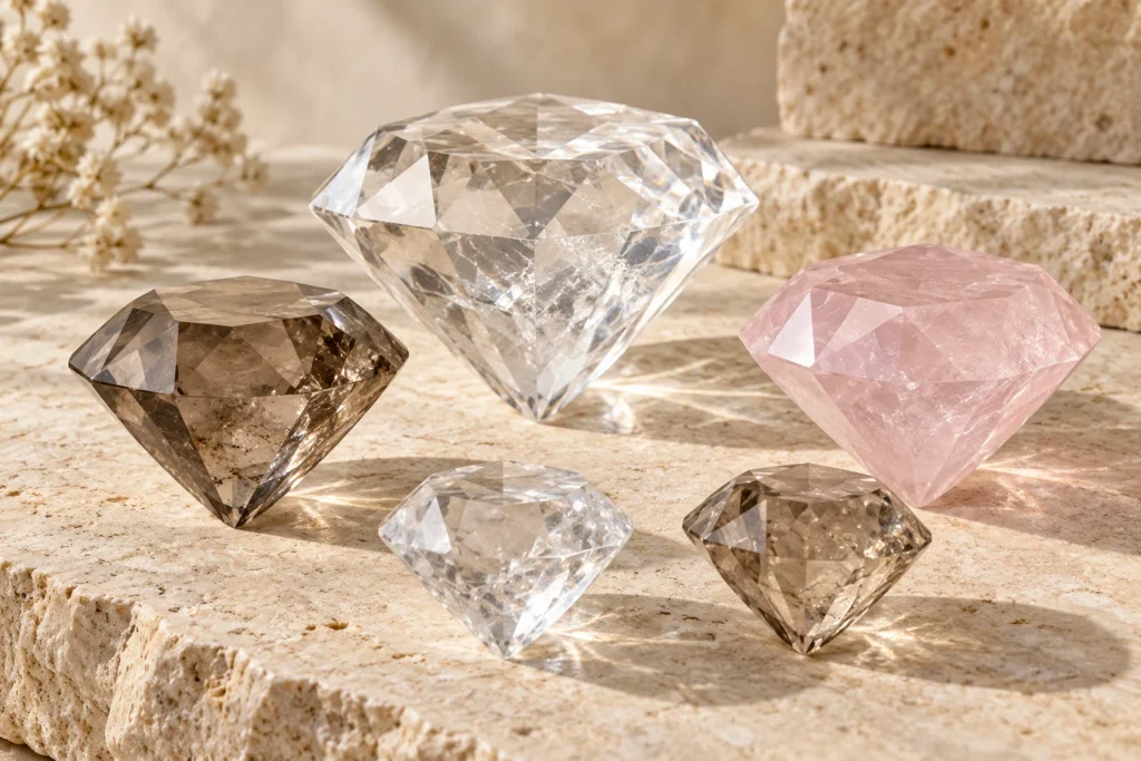 Illustration of faceted diamond-shaped clear, rose and smoky quartz decorative pieces