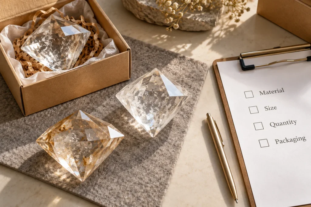 Illustration of a wholesale buyer checking faceted quartz samples and protective packaging