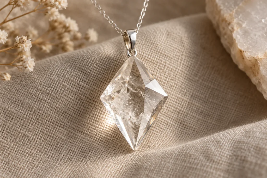 Illustration of a diamond-shaped faceted quartz pendant with a simple silver-colored bail