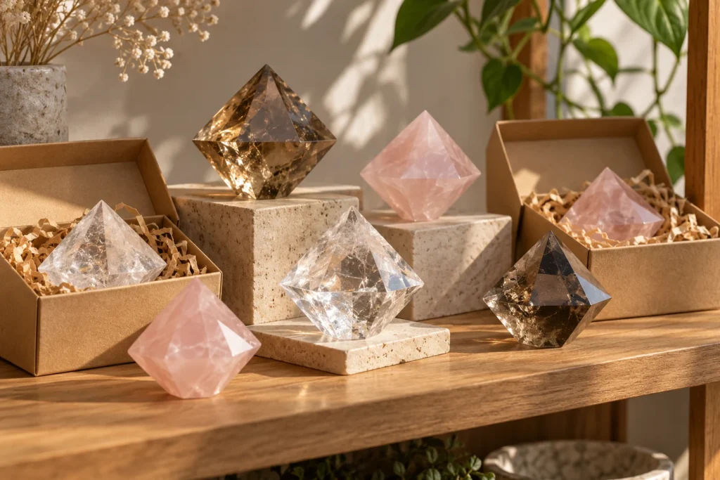 Illustration of faceted quartz ornaments displayed with simple gift packaging in a shop