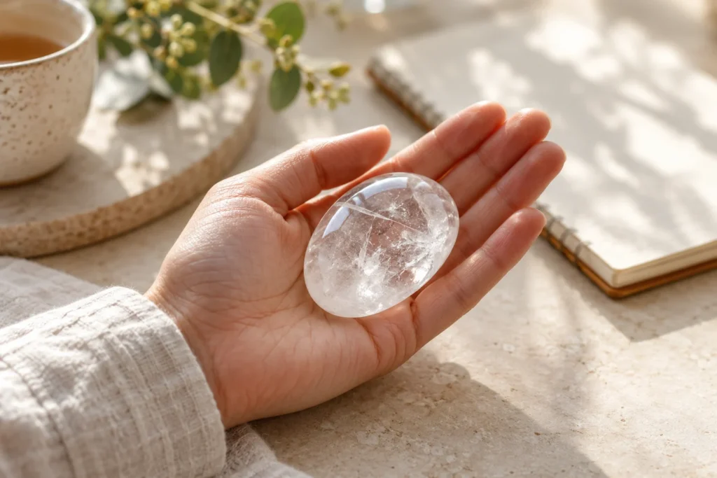 AI-generated illustration of a clear quartz palm stone held during quiet reflection