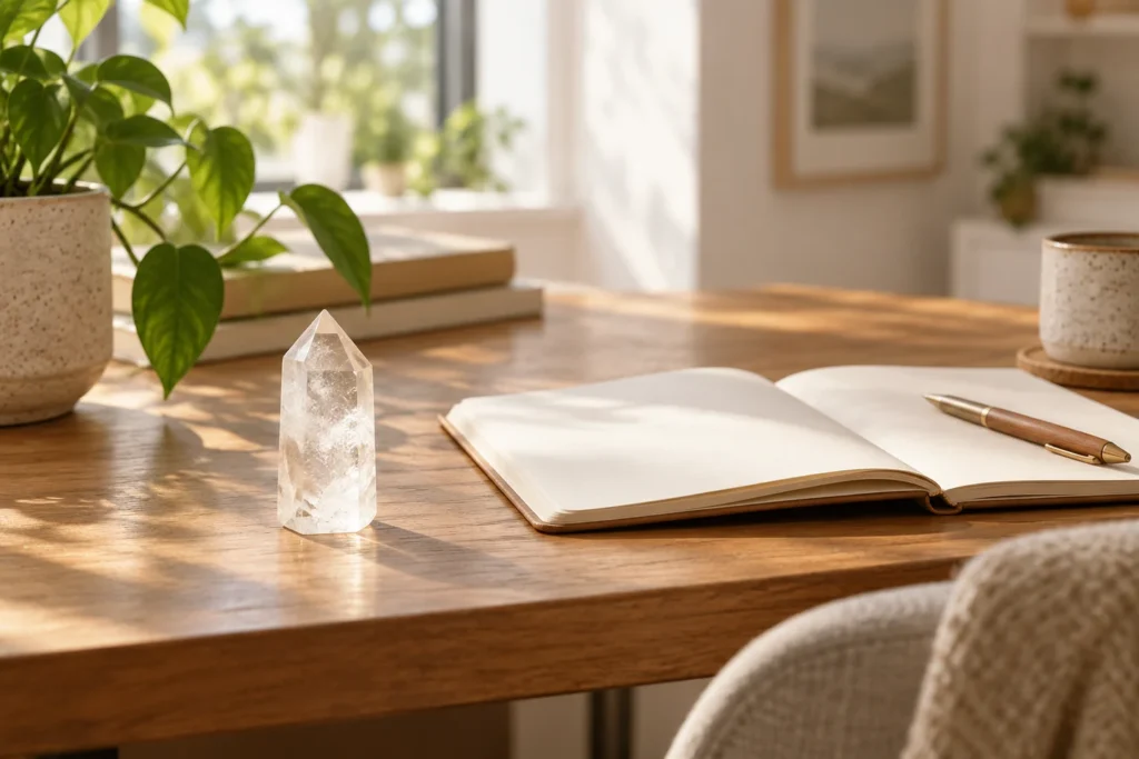 AI-generated illustration of a clear quartz tower beside a notebook as a visible daily reminder
