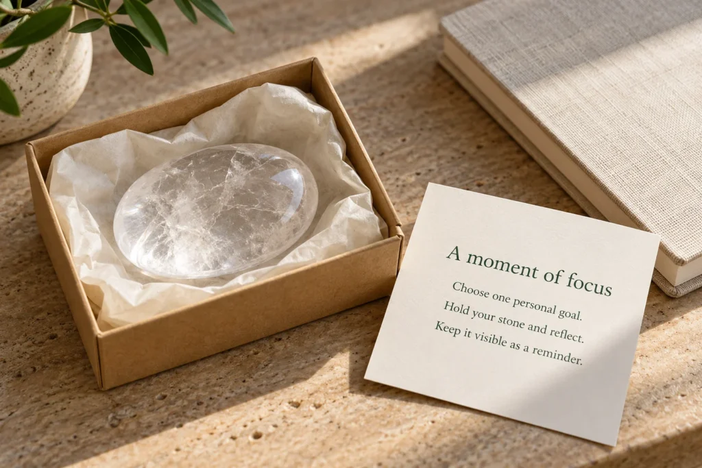 AI-generated concept of a clear quartz palm stone packaged with a simple intention-setting guidance card