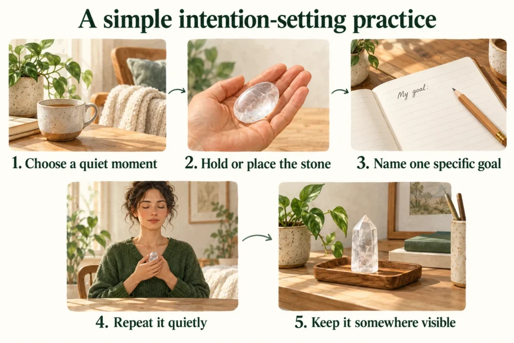 AI-generated five-step intention-setting guide: quiet moment, hold or place, choose one goal, repeat quietly, keep visible