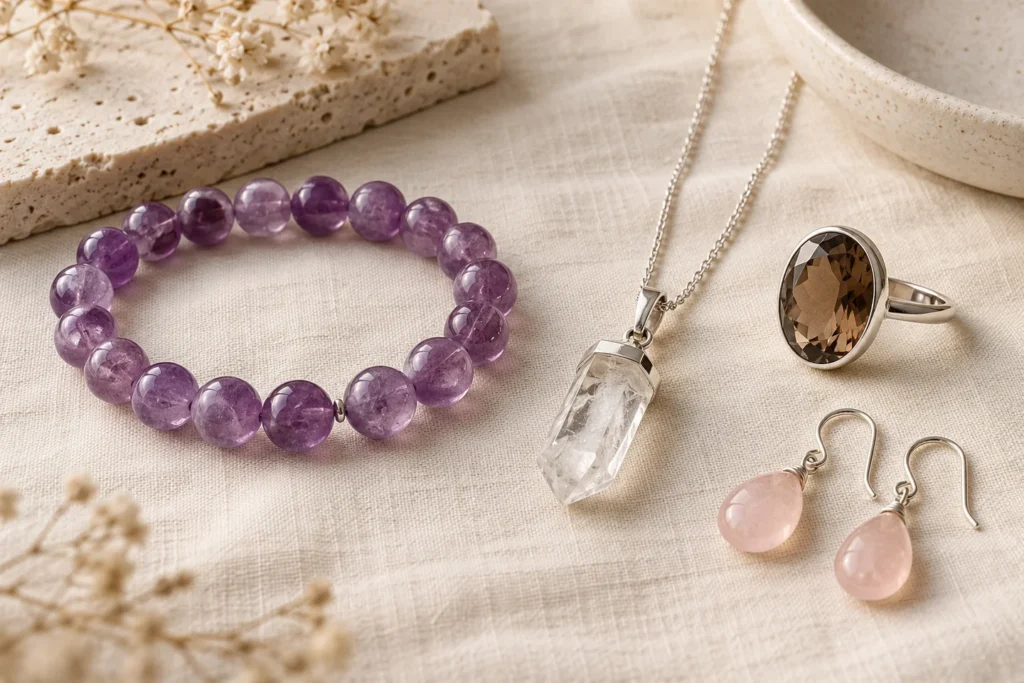 AI illustration: Quartz bracelet, pendant, ring and earrings illustrating jewelry formats