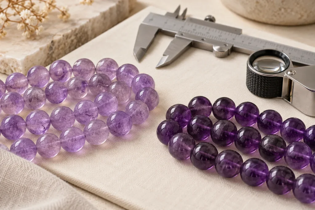 AI illustration: Amethyst bead batches beside jewelry inspection tools