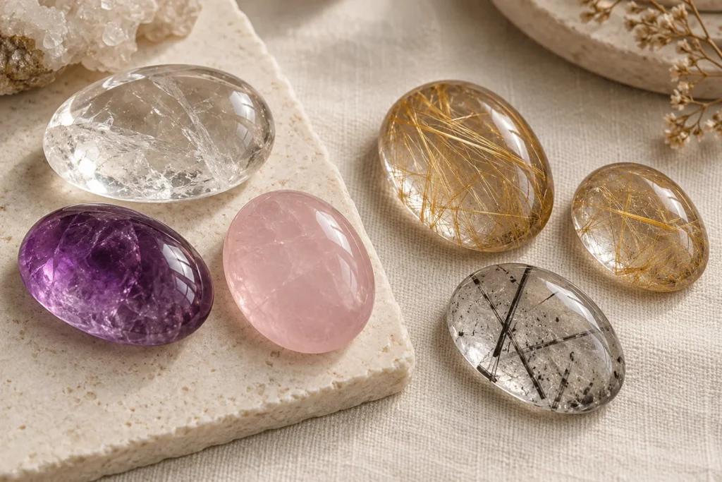 AI illustration: Quartz cabochons including rutilated and tourmalinated varieties
