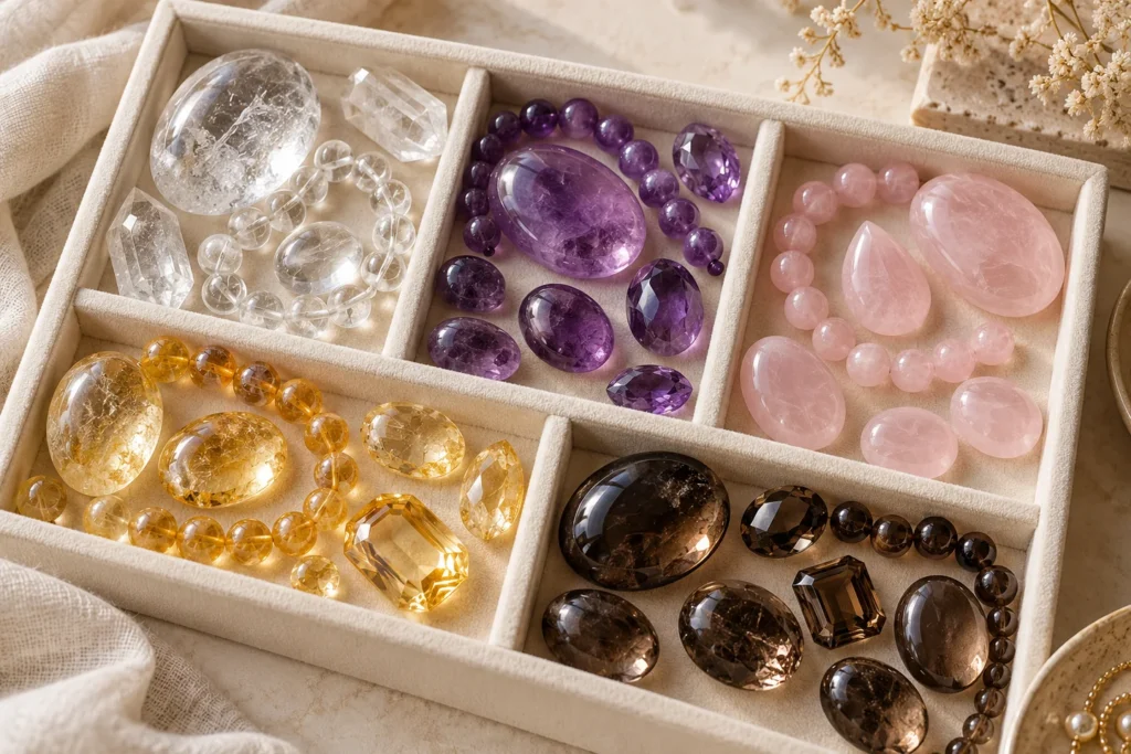 AI illustration: Clear quartz, amethyst, rose quartz, citrine and smoky quartz jewelry components