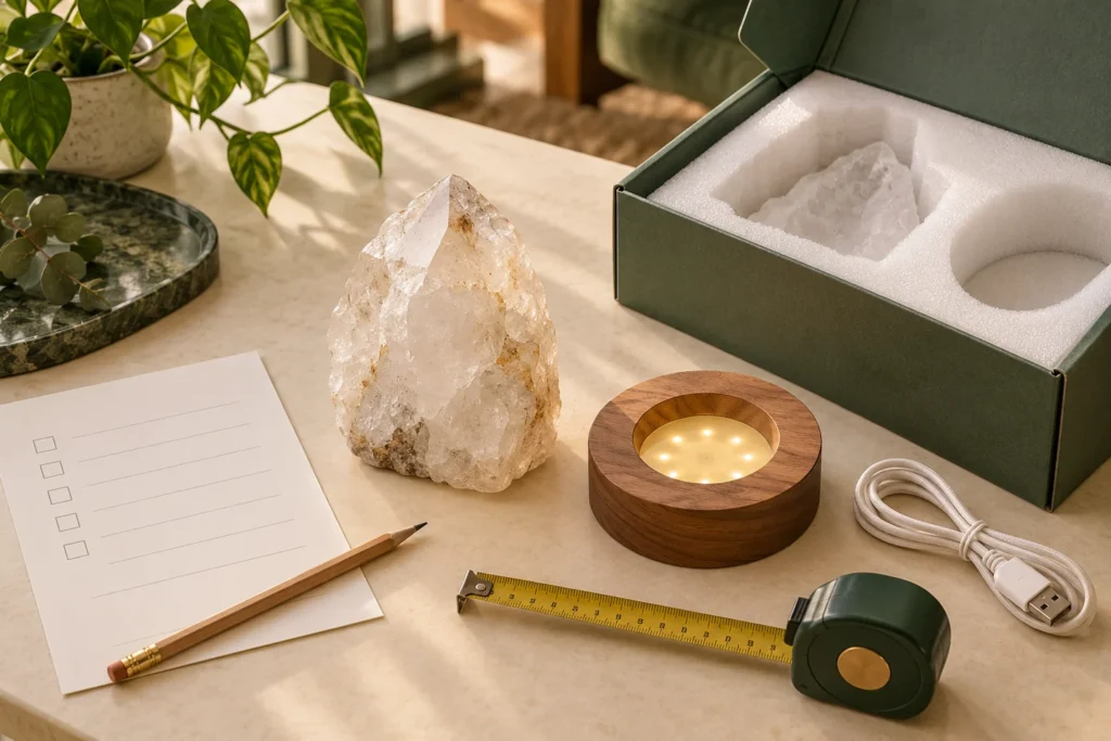 AI-generated sourcing concept with a quartz lamp stone, separate base, USB cable, packaging and checklist