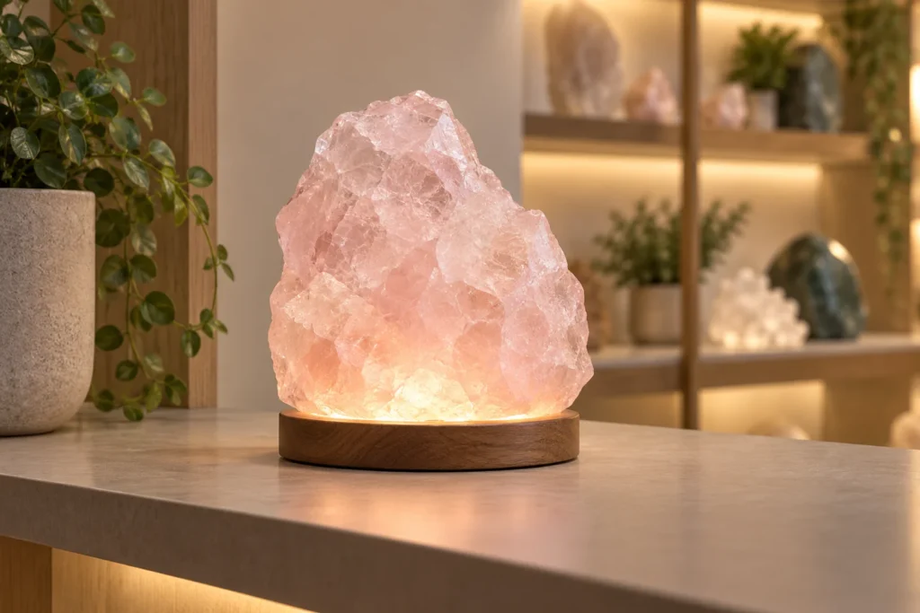 AI-generated illustration of a rose quartz decorative lamp on a wooden LED base in a retail setting