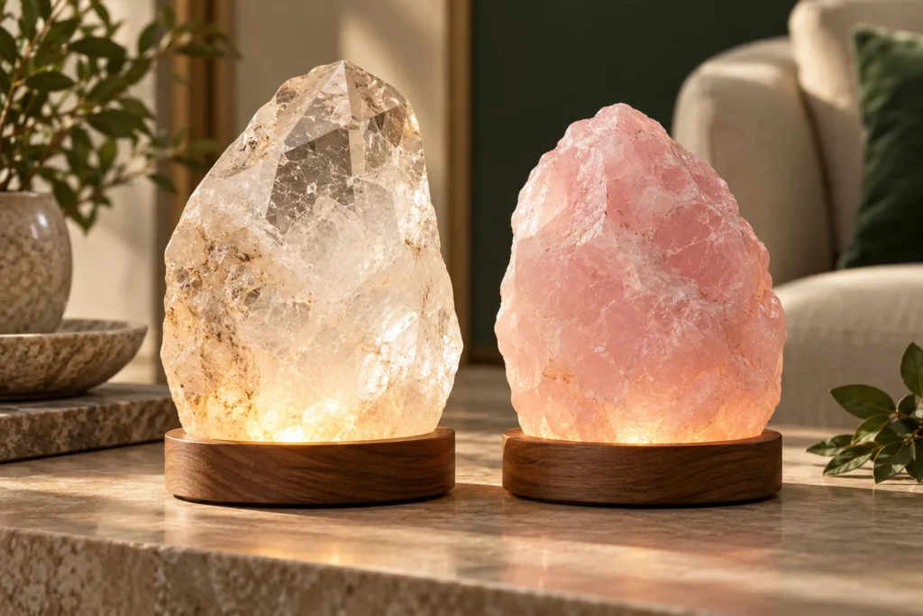 AI-generated illustration comparing the appearance of clear and rose quartz lamps under illumination