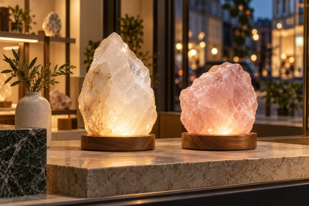 AI-generated illustration of clear and rose quartz lamps displayed near a boutique window