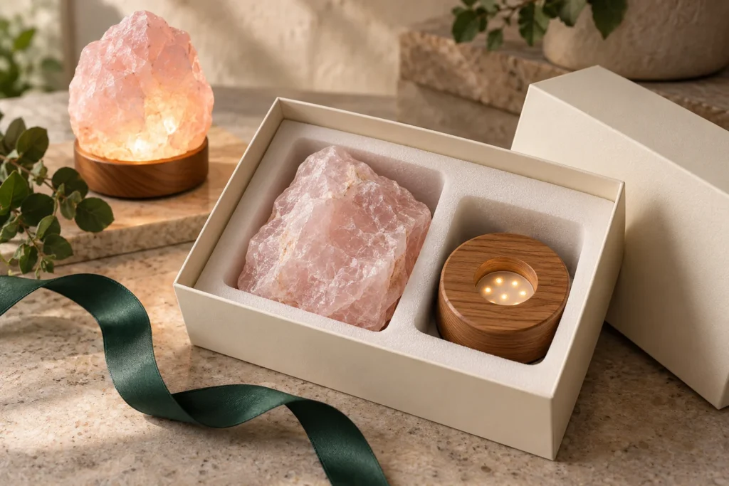AI-generated concept illustration of a quartz lamp stone and separate LED base in protective gift packaging