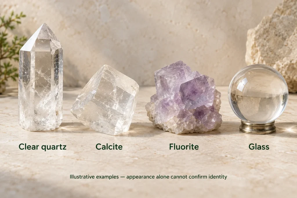 AI illustration of clear quartz, calcite, fluorite and glass; appearance alone cannot confirm material identity