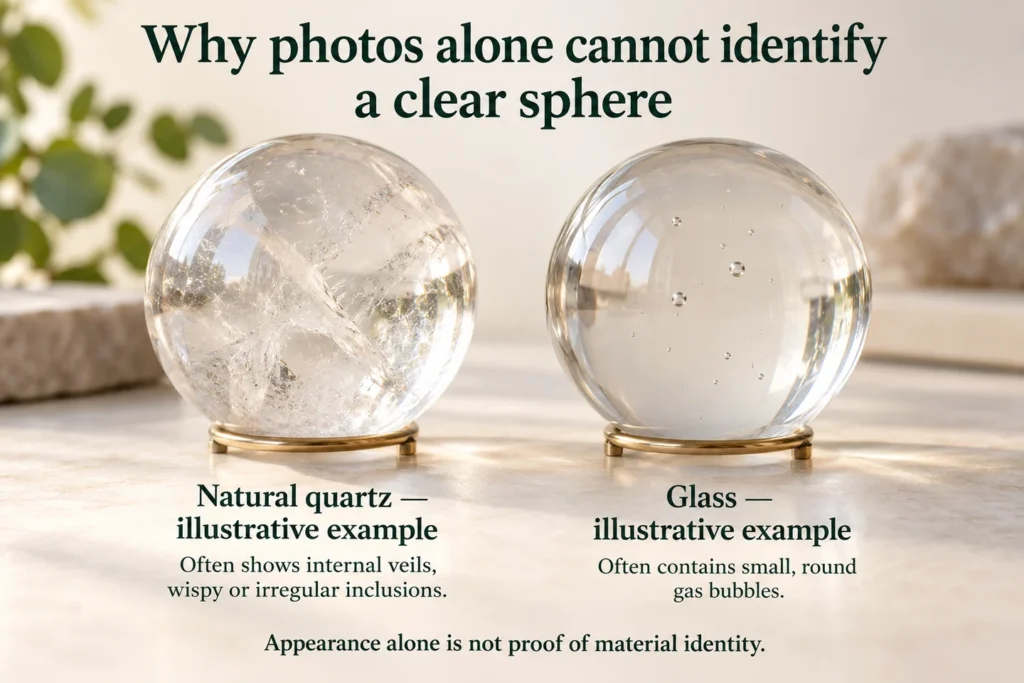 AI illustration of quartz and glass spheres with overlapping appearance; professional testing may be needed
