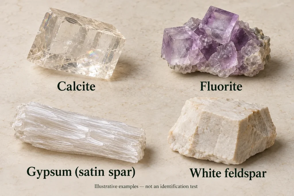 AI illustration of calcite, fluorite, satin spar gypsum and white feldspar; not an identification test