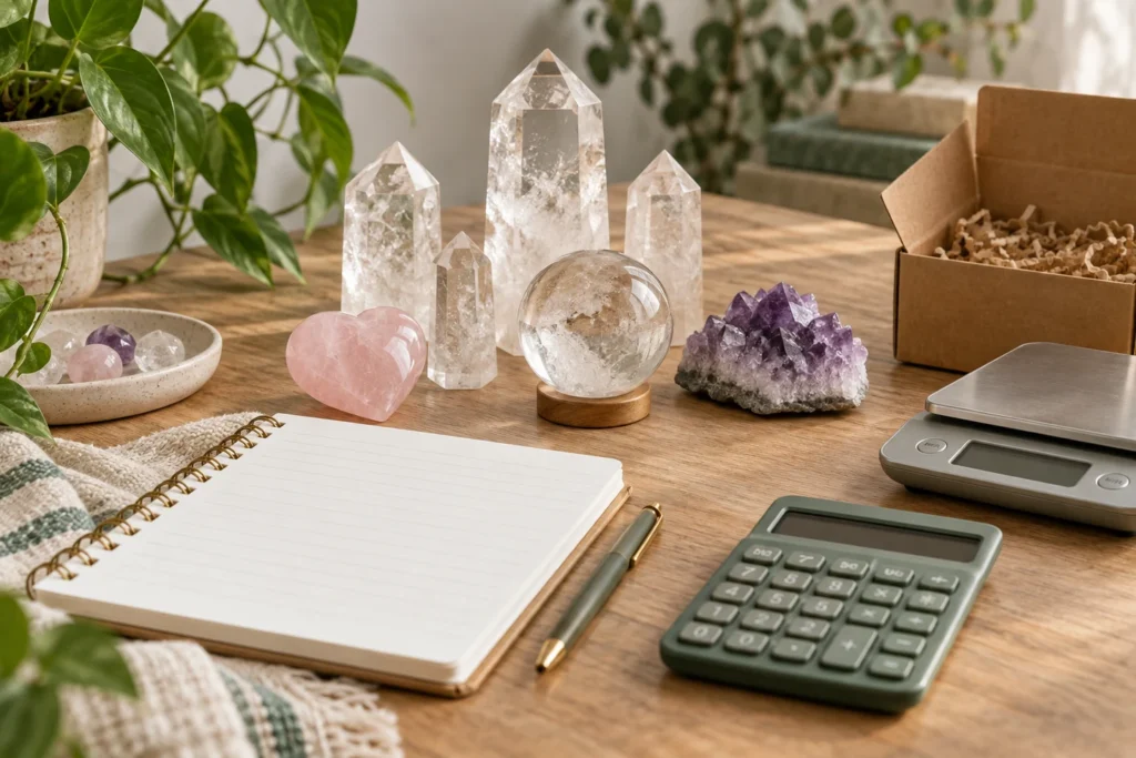 Illustration of quartz products beside a calculator, weighing scale, cost notebook and packaging