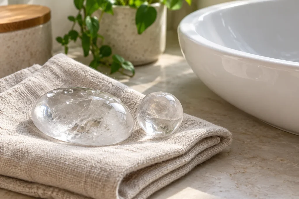 AI illustration: clear quartz palm stone and sphere on a drying cloth beside a basin