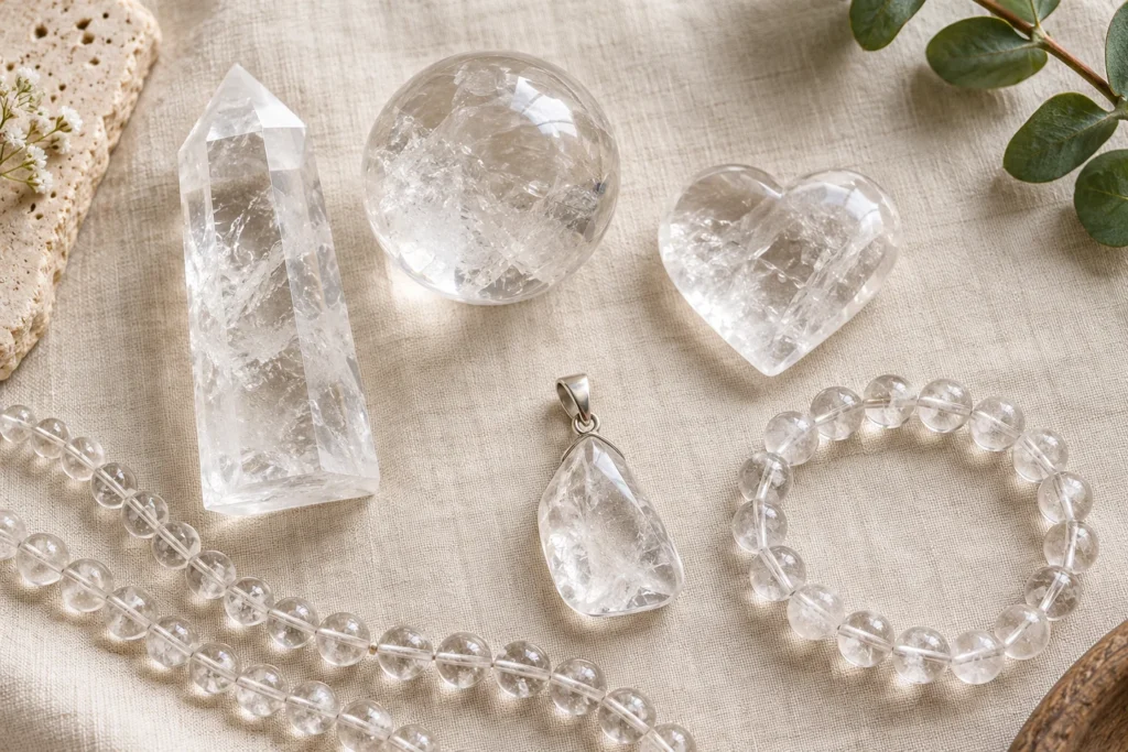 AI illustration: different clear quartz product forms with varied care needs