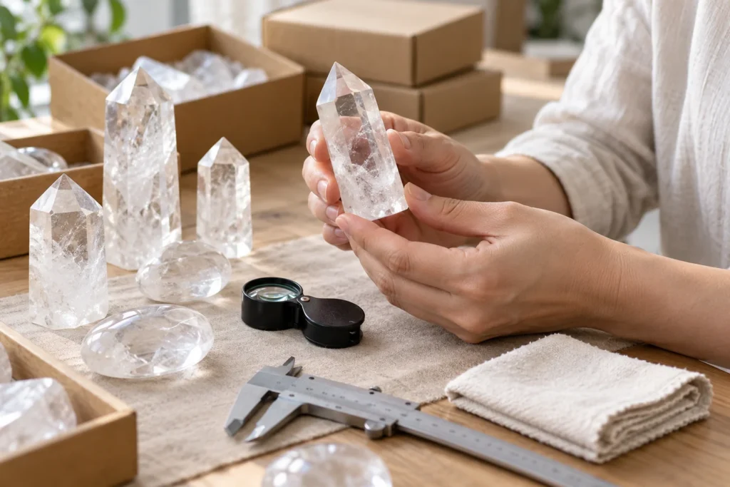 AI illustration: hands inspecting quartz samples with measuring tools nearby