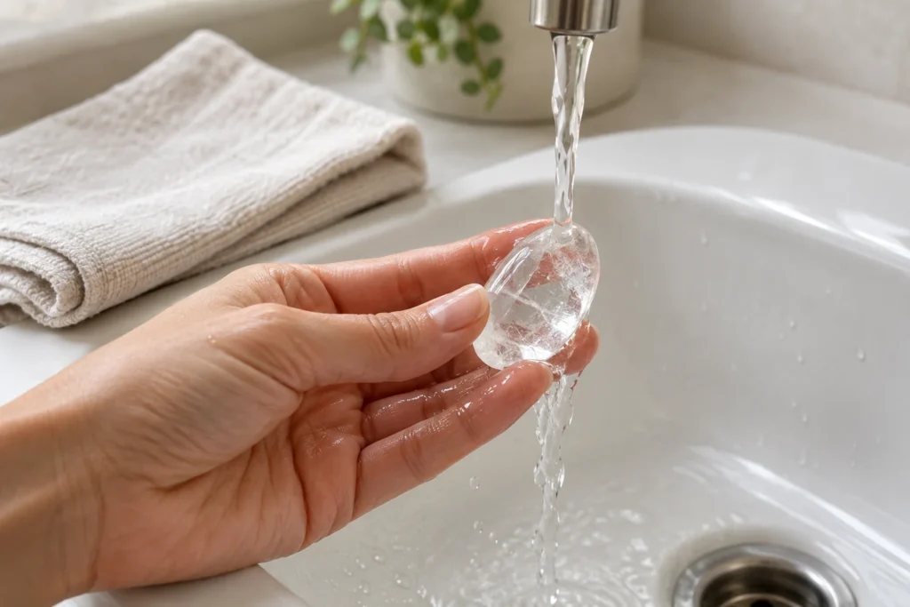 AI illustration: plain clear quartz tumble briefly rinsed with water beside a drying cloth
