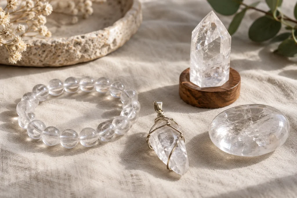 AI illustration: clear quartz bracelet, metal-wrapped pendant and mounted point kept dry