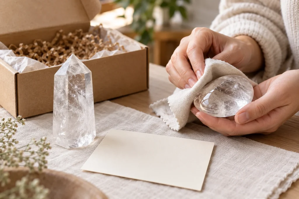 AI illustration: quartz palm stone being wiped beside packaging and a blank care card