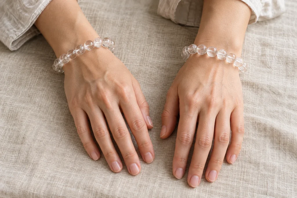 AI illustration: clear quartz bracelets worn on both wrists