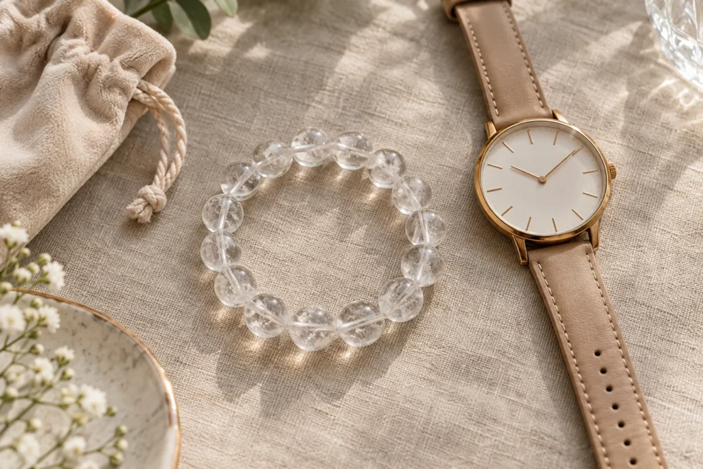 AI illustration: clear quartz bracelet stored separately from a watch