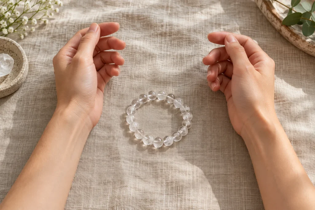 AI illustration: two wrists with a clear quartz bracelet between them