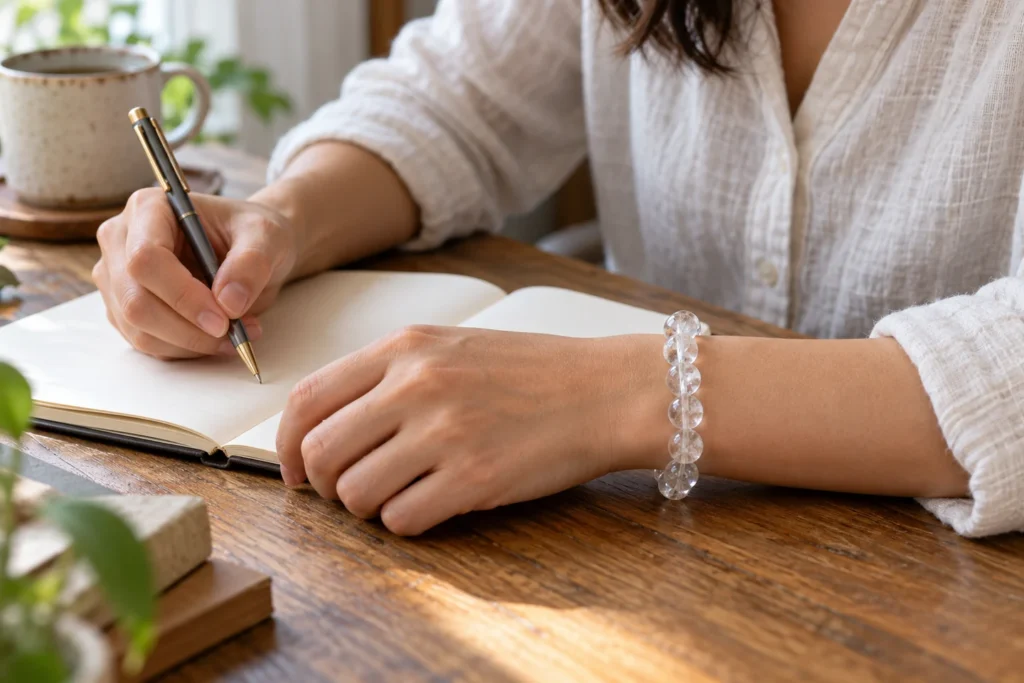 AI illustration: bracelet on one wrist while the other hand writes