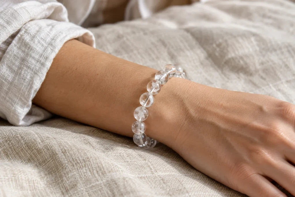 AI illustration: clear quartz bead bracelet worn comfortably on a wrist