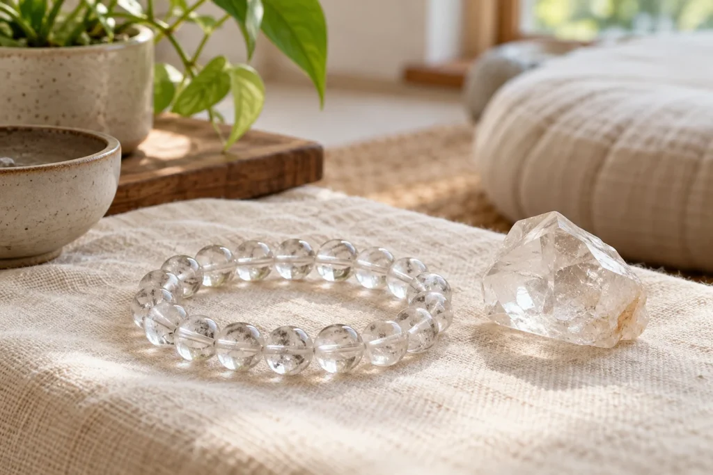 AI illustration: clear quartz bracelet and quartz specimen in a quiet setting