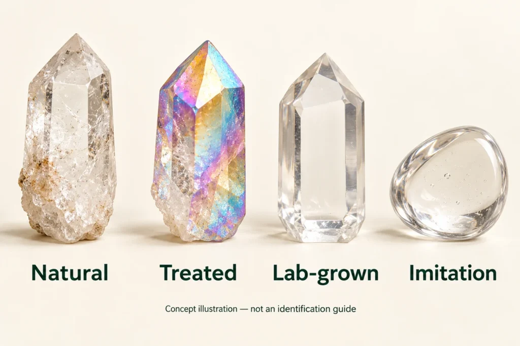 AI-generated concept illustration of natural, treated, lab-grown and imitation material categories