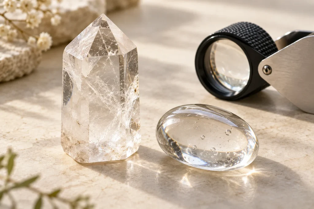 AI-generated conceptual comparison of a quartz crystal and glass imitation; appearance alone is not proof of identity