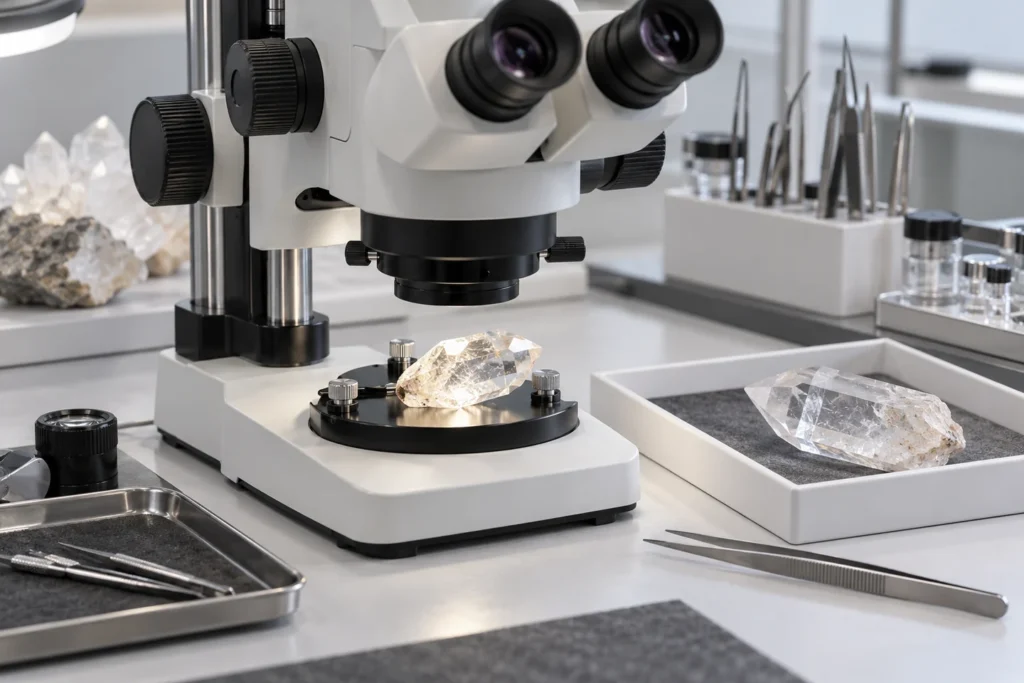 AI-generated concept of quartz examination beside a gemological microscope; no actual testing result is shown