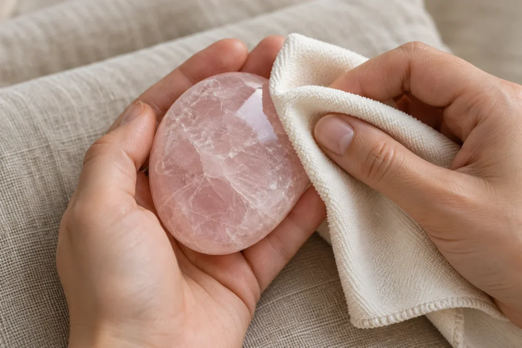 Illustration of gentle wiping of a rose quartz palm stone using a soft cloth