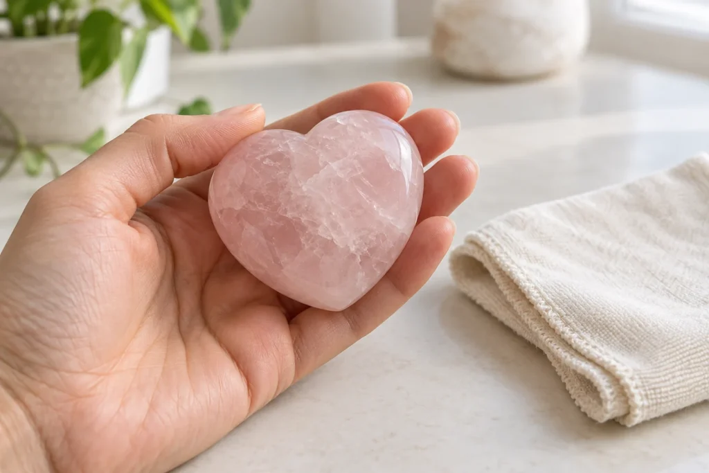 Illustration of a rose quartz heart held beside a soft cleaning cloth for a personal intention-setting routine