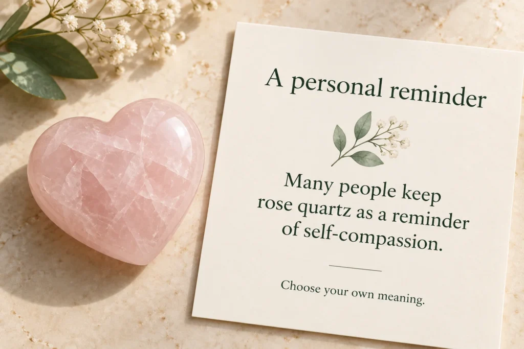 Illustration of a rose quartz retail description card using personal-reminder language