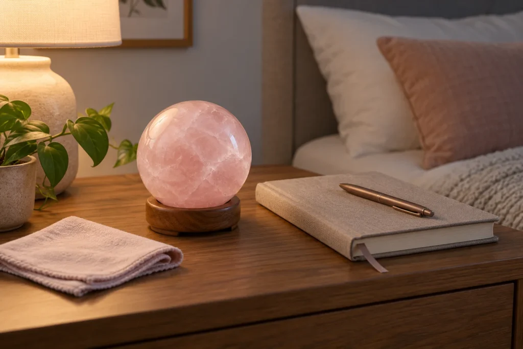 Illustration of a rose quartz sphere on a stable stand beside a journal for everyday reflection