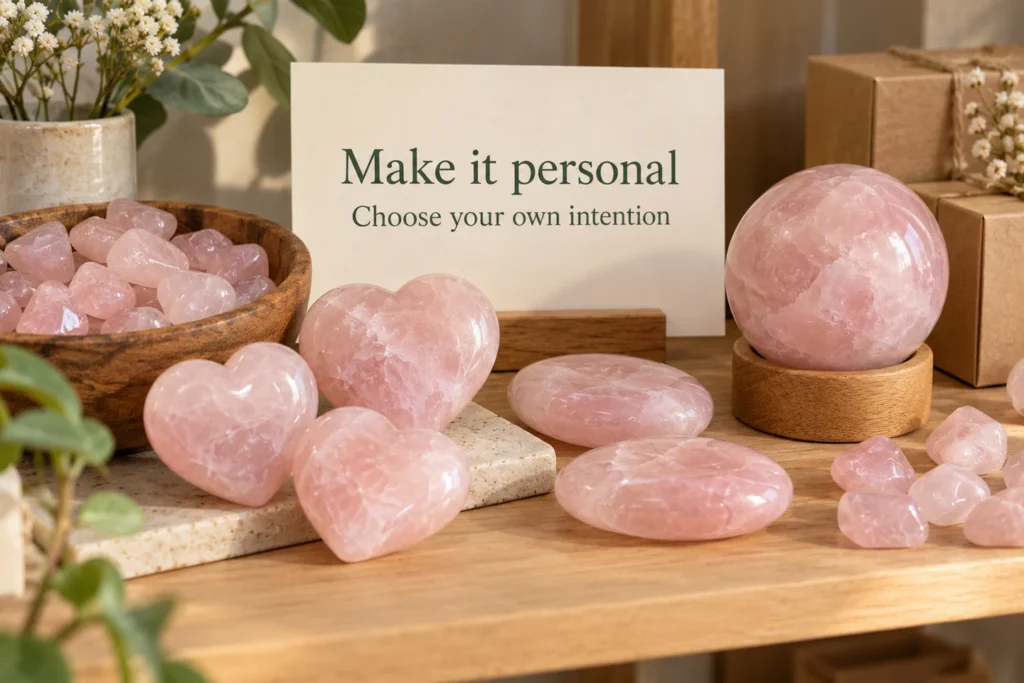 Illustration of rose quartz hearts, palm stones and a sphere displayed with an intention card in a retail setting